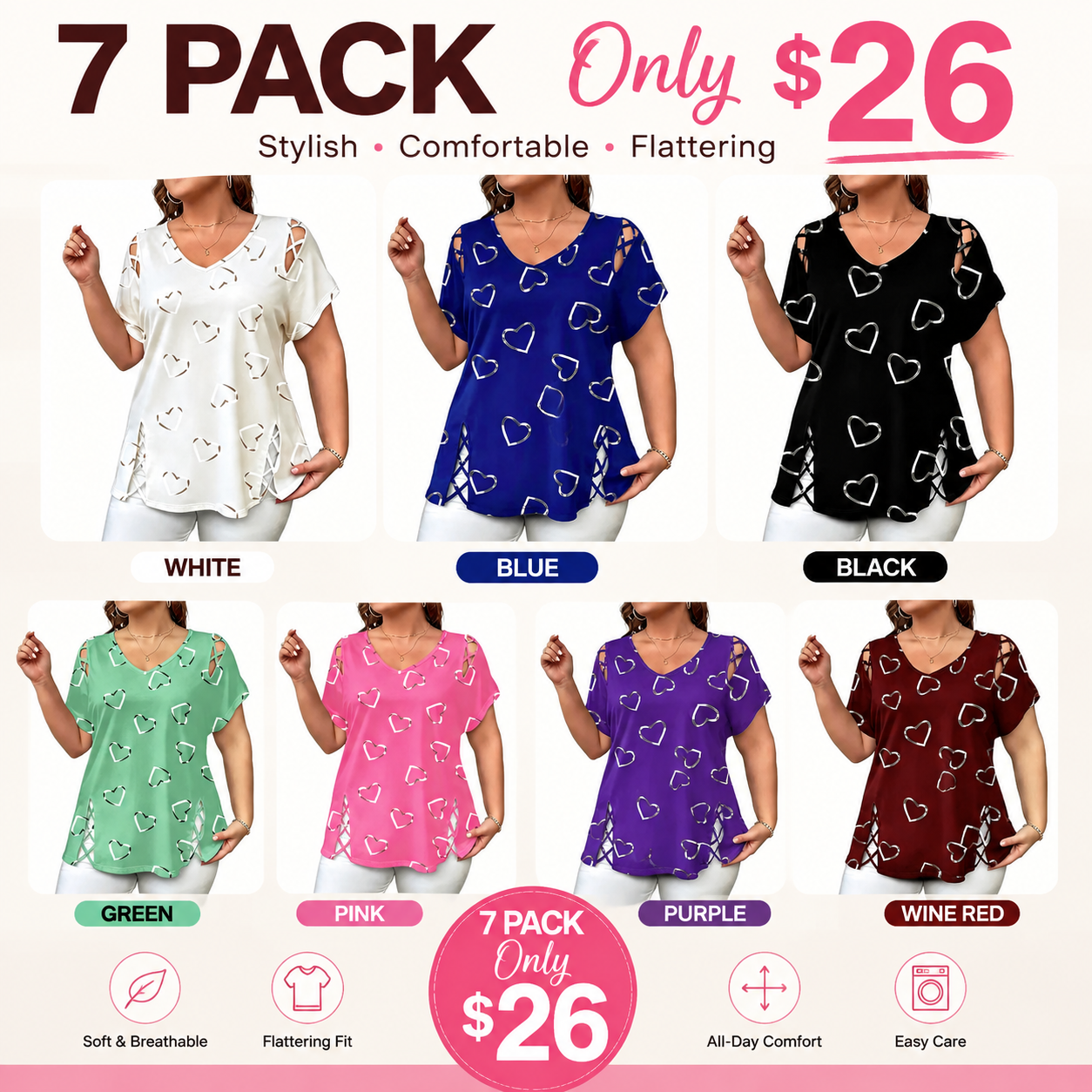 Women's Loose-Fit T-Shirt with Heart Print and Lace-Up Detail
