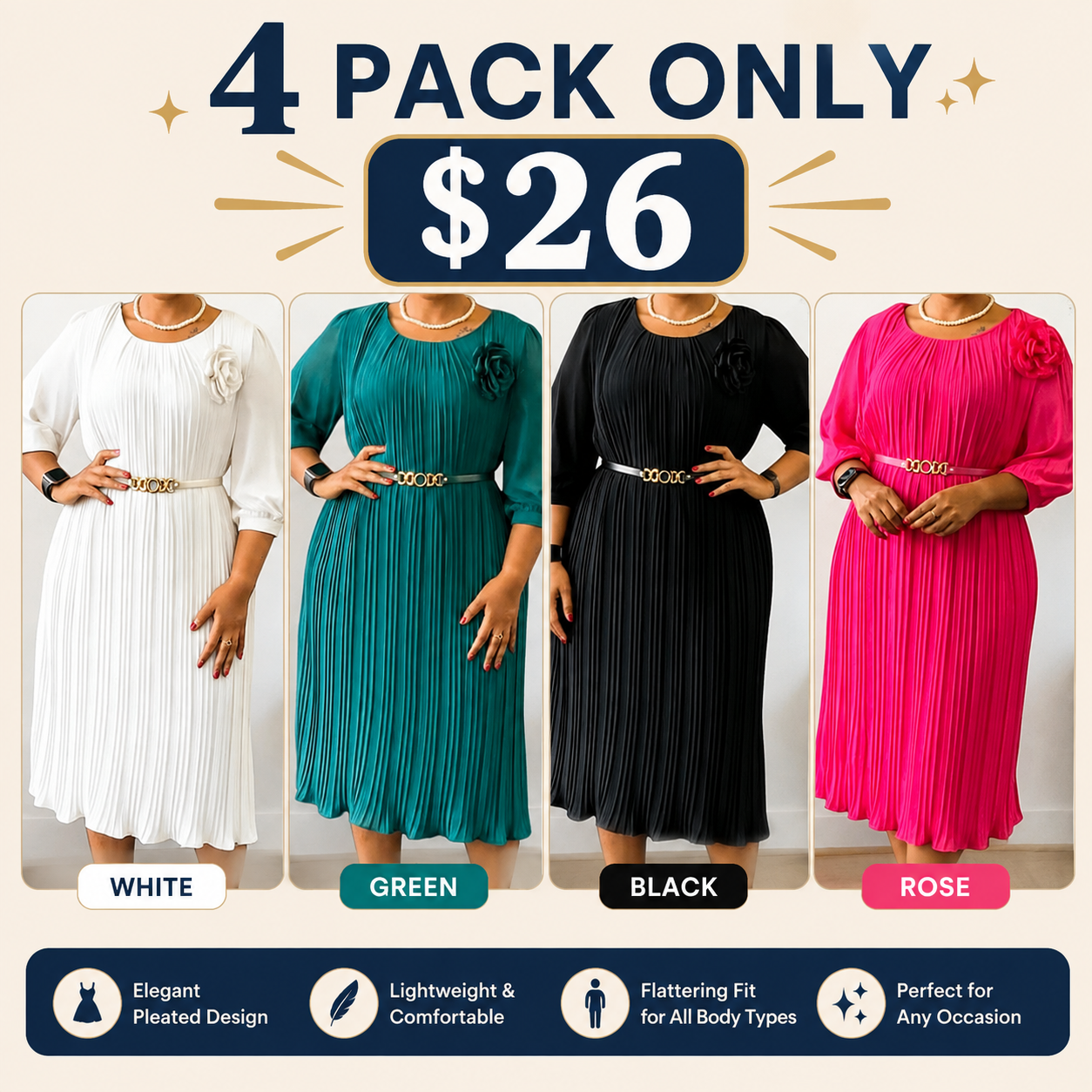 Women's 3/4 Sleeve Pleated Midi Dress with Belt