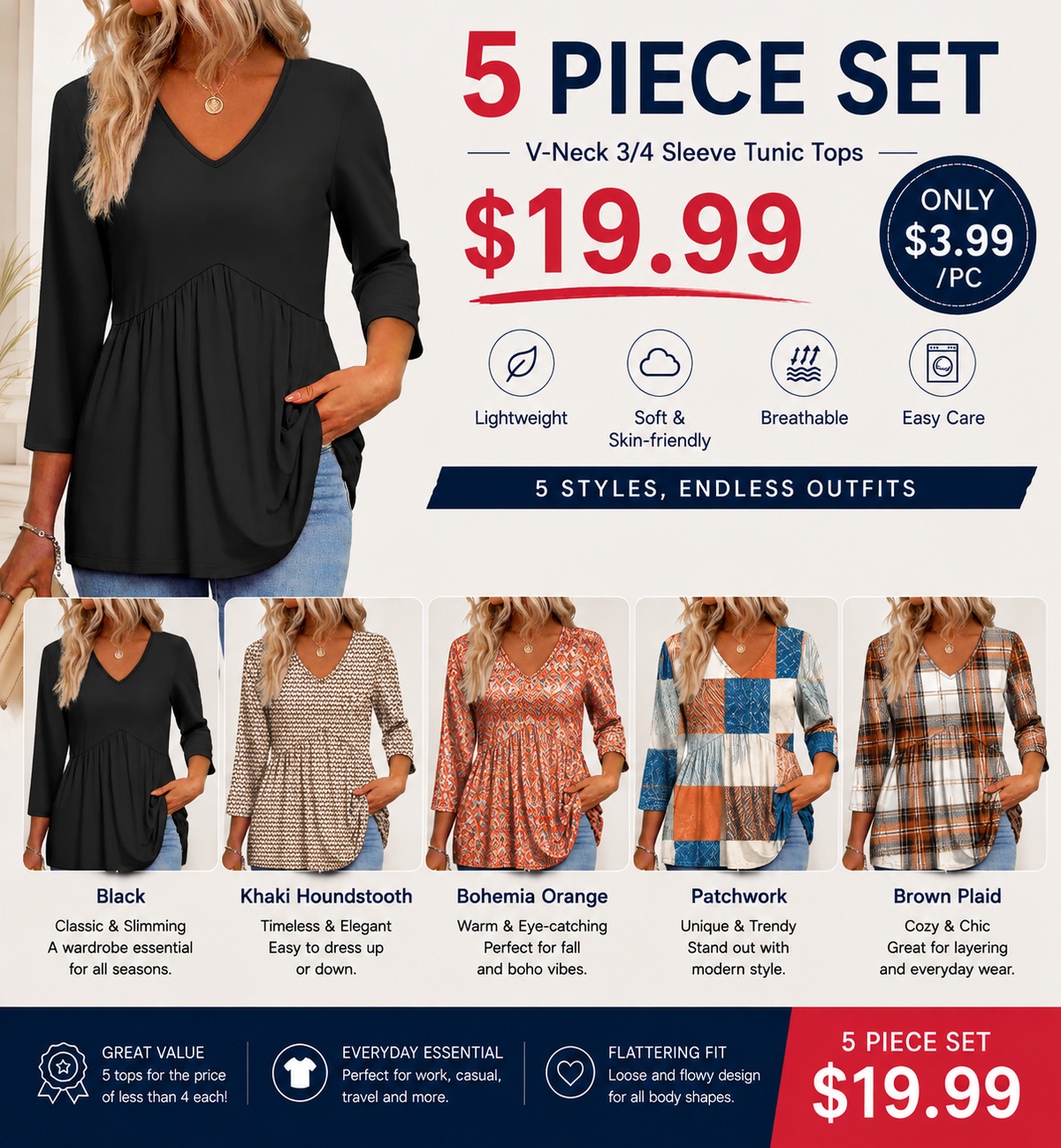 Women's V-Neck 3/4 Sleeve Tunic Top – Flowy Dressy Casual Blouse