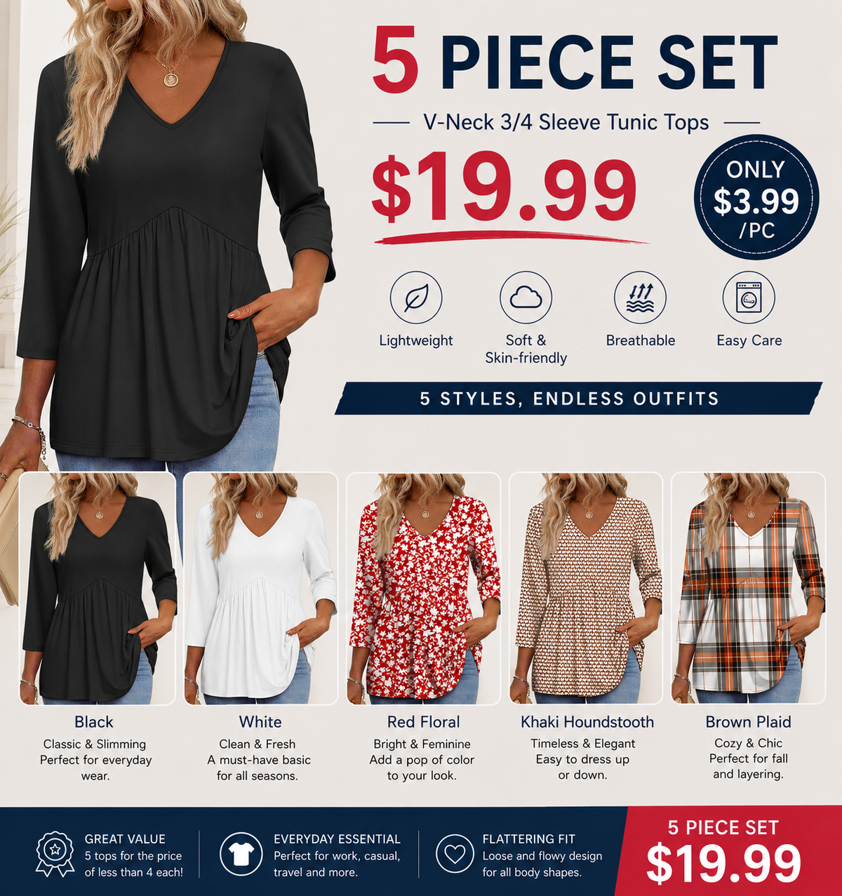 Women's V-Neck 3/4 Sleeve Tunic Top – Flowy Dressy Casual Blouse