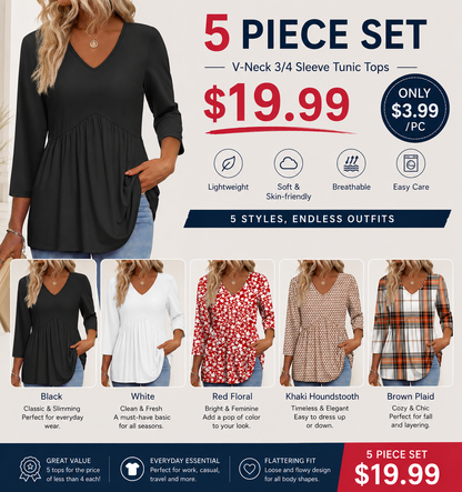 Women's V-Neck 3/4 Sleeve Tunic Top – Flowy Dressy Casual Blouse