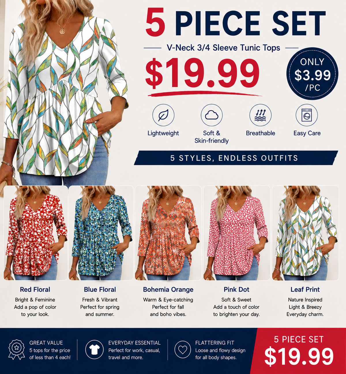 Women's V-Neck 3/4 Sleeve Tunic Top – Flowy Dressy Casual Blouse