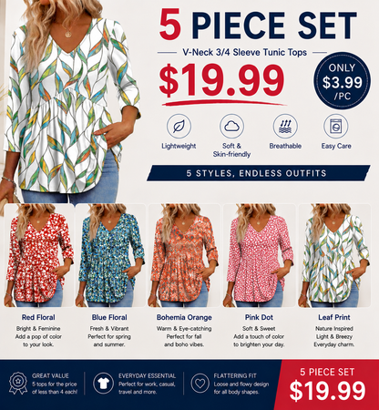 Women's V-Neck 3/4 Sleeve Tunic Top – Flowy Dressy Casual Blouse