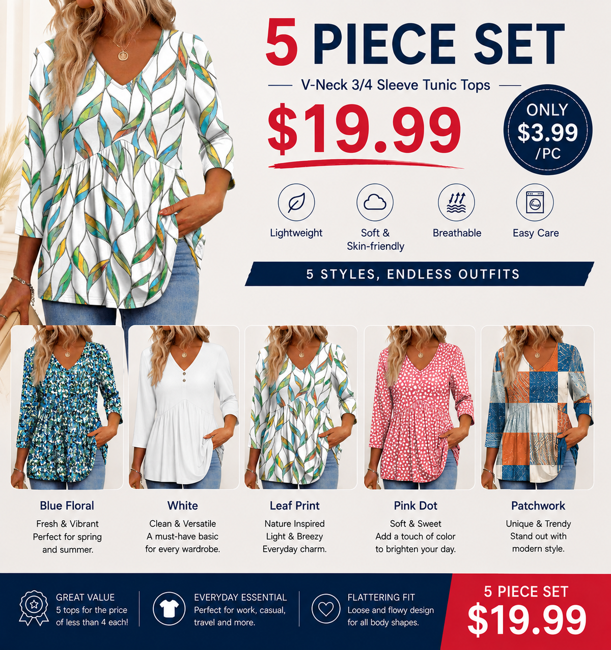Women's V-Neck 3/4 Sleeve Tunic Top – Flowy Dressy Casual Blouse