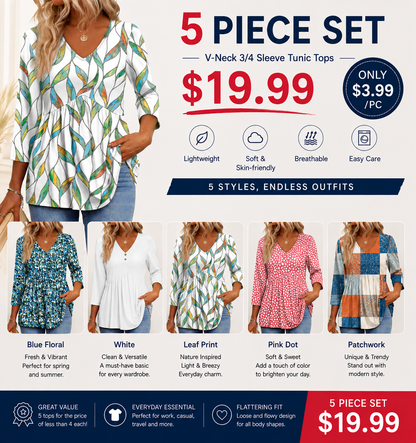 Women's V-Neck 3/4 Sleeve Tunic Top – Flowy Dressy Casual Blouse
