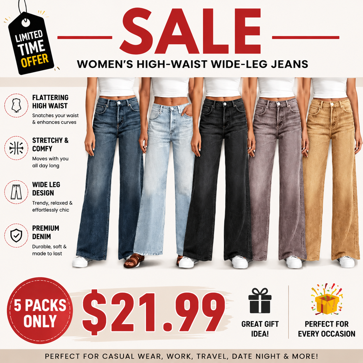 Women's Sweatpant Jeans Denim Sweatpants High Waisted Full-Length Wide Leg Pants Baggy Comfort Faux Jeans