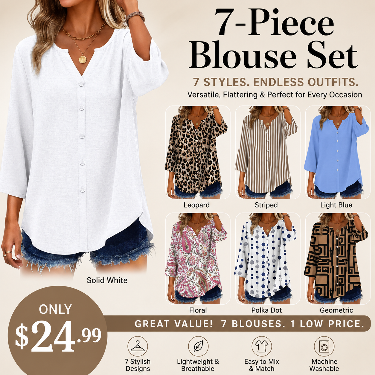 Women's V-Neck Button-Down Blouse, 3/4 Sleeve Loose Fit Business Casual Top