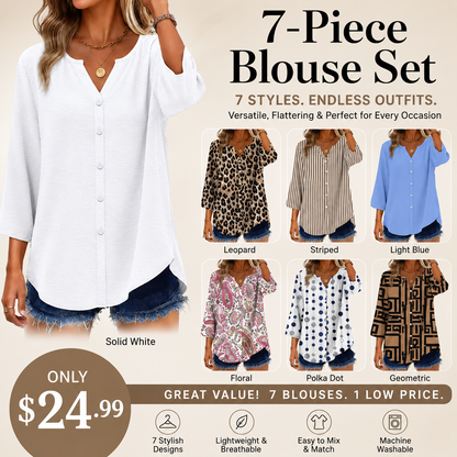 Women's V-Neck Button-Down Blouse, 3/4 Sleeve Loose Fit Business Casual Top