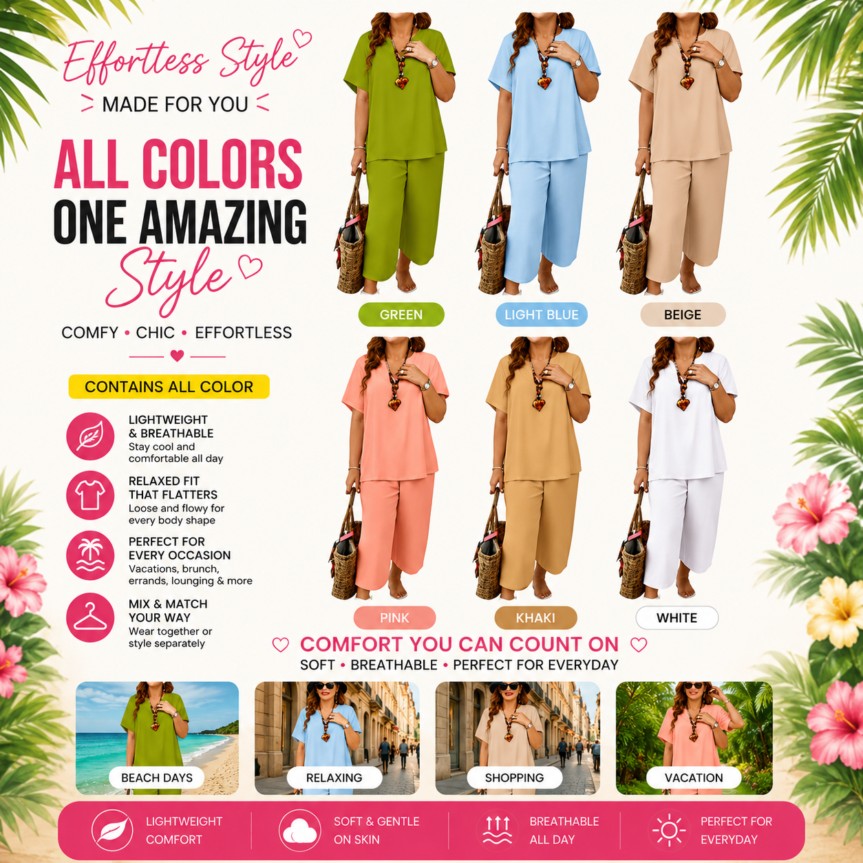 Women's Soft & Comfy 2-Piece Set – Loose Fit Top & Wide Leg Pants for Everyday Wear