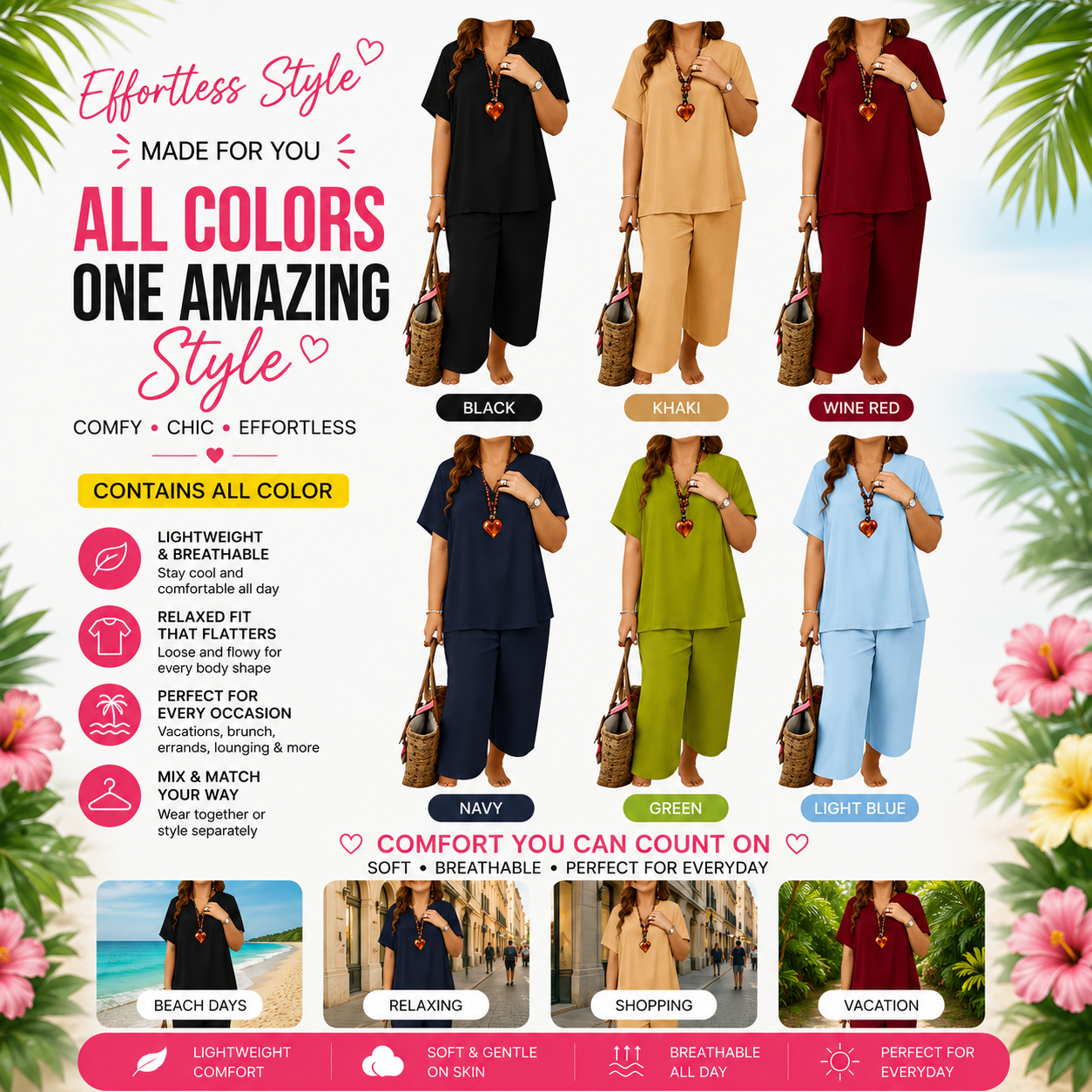 Women's Soft & Comfy 2-Piece Set – Loose Fit Top & Wide Leg Pants for Everyday Wear