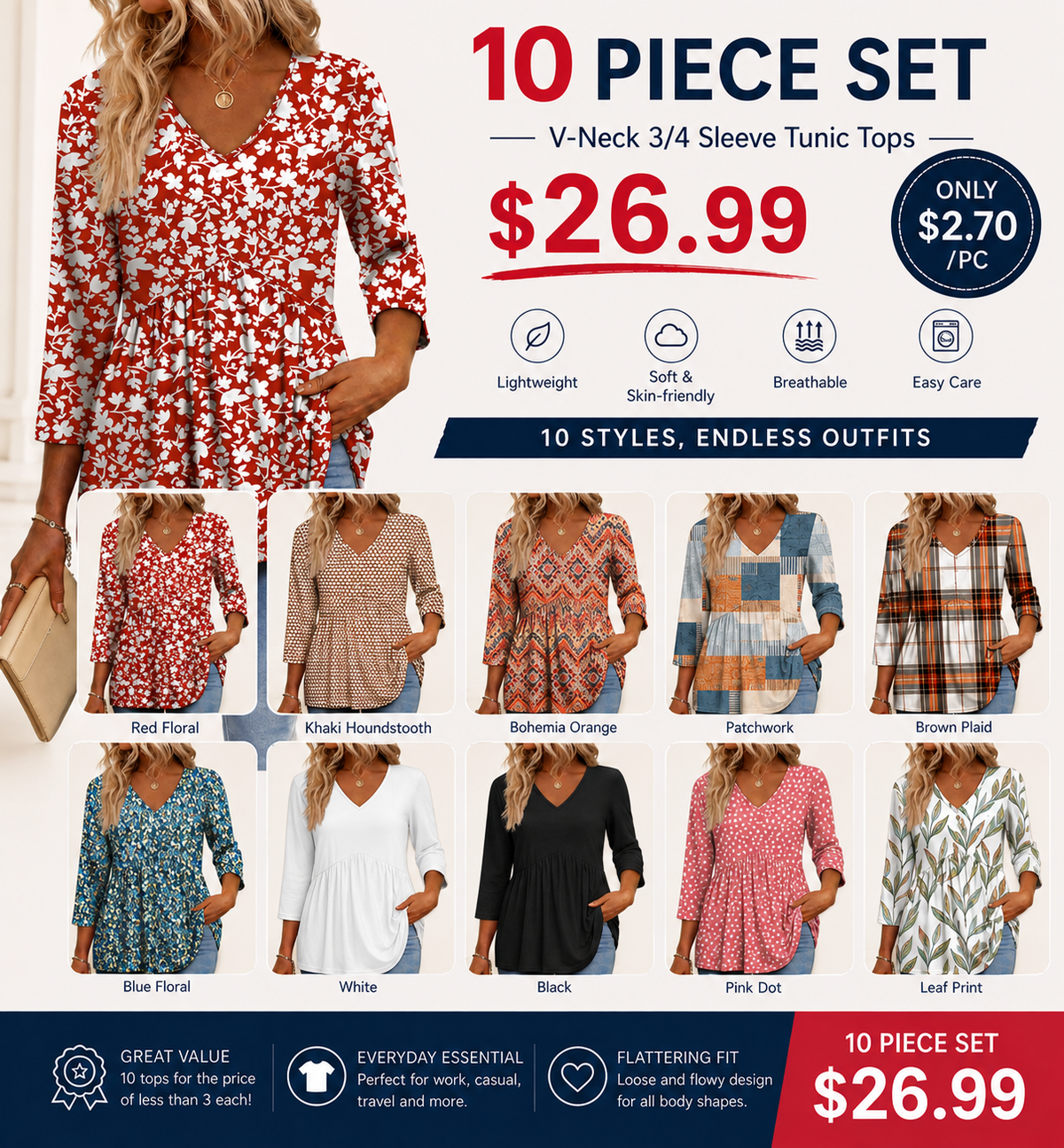 Women's V-Neck 3/4 Sleeve Tunic Top – Flowy Dressy Casual Blouse