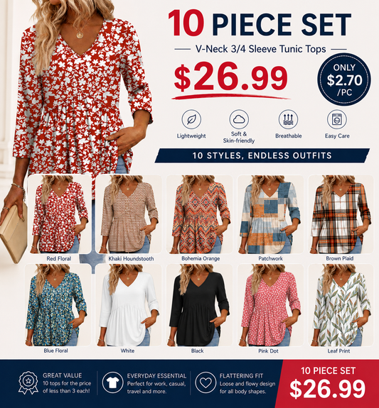 Women's V-Neck 3/4 Sleeve Tunic Top – Flowy Dressy Casual Blouse