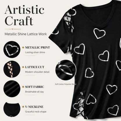 Women's Loose-Fit T-Shirt with Heart Print and Lace-Up Detail