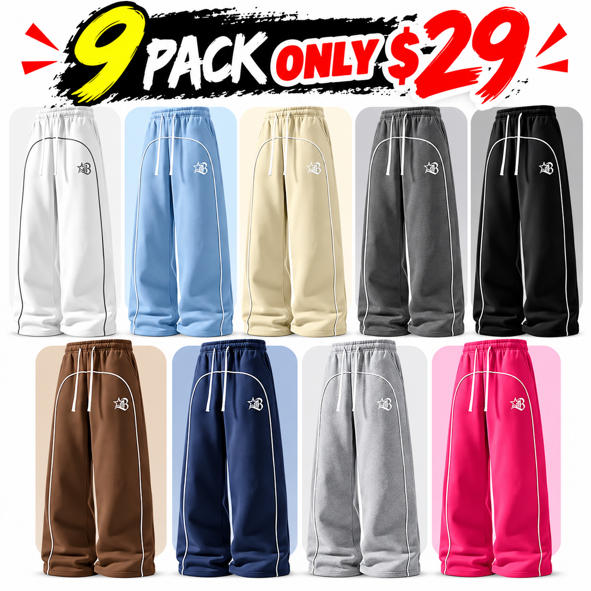 Men’s two-pack loose-fit fleece sweatpants, wide-leg design