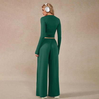 🔥Last day promotion🔥Women's 2-Piece Activewear Set Long-Sleeve Crop Top & Wide-Leg Pants