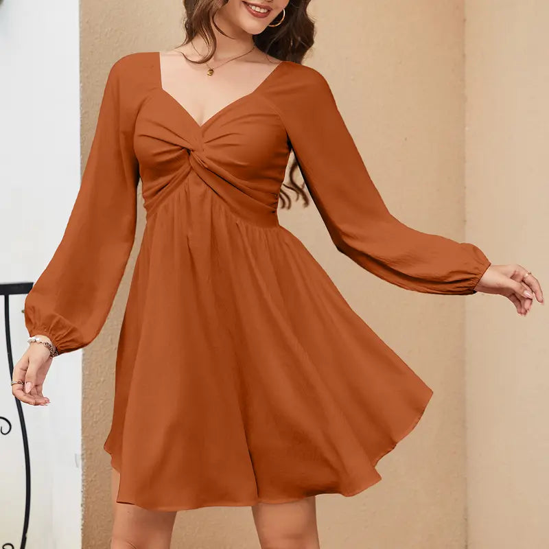 Women's Fall Sweetheart Neckline Knot Front Flowy Mini Chiffon Dresses