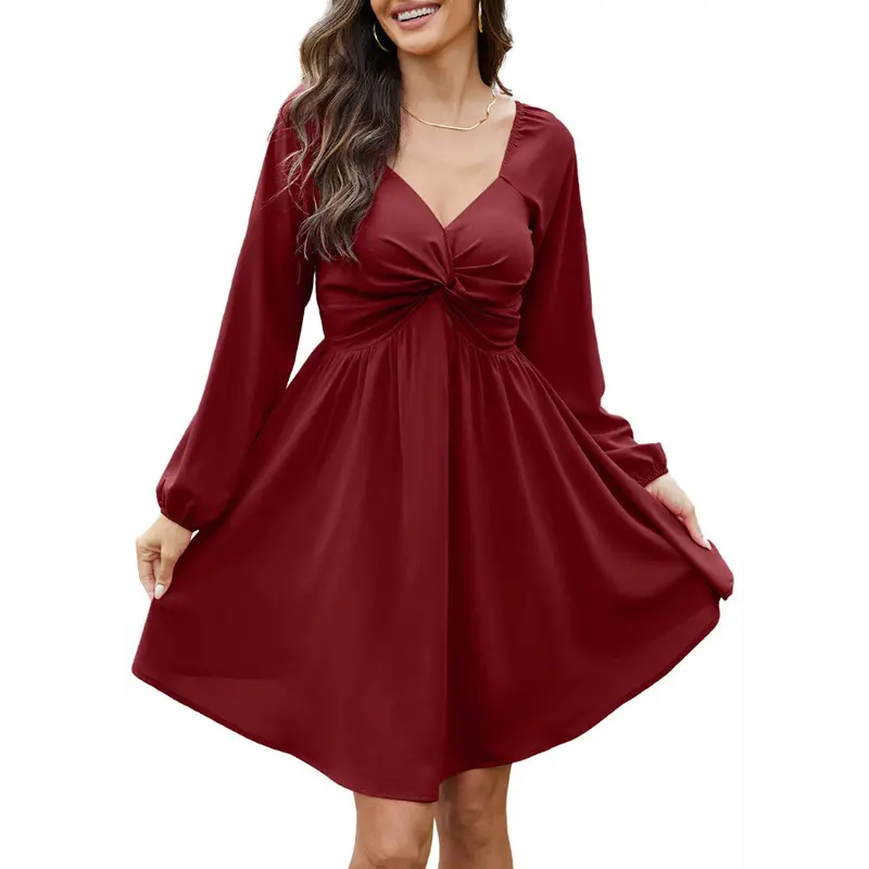 Women's Fall Sweetheart Neckline Knot Front Flowy Mini Chiffon Dresses