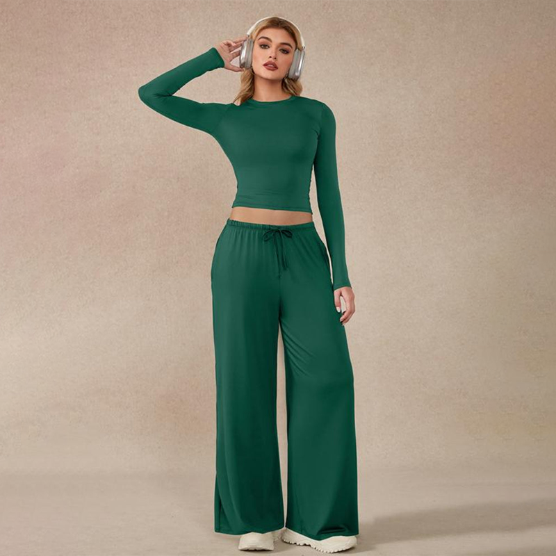 🔥Last day promotion🔥Women's 2-Piece Activewear Set Long-Sleeve Crop Top & Wide-Leg Pants