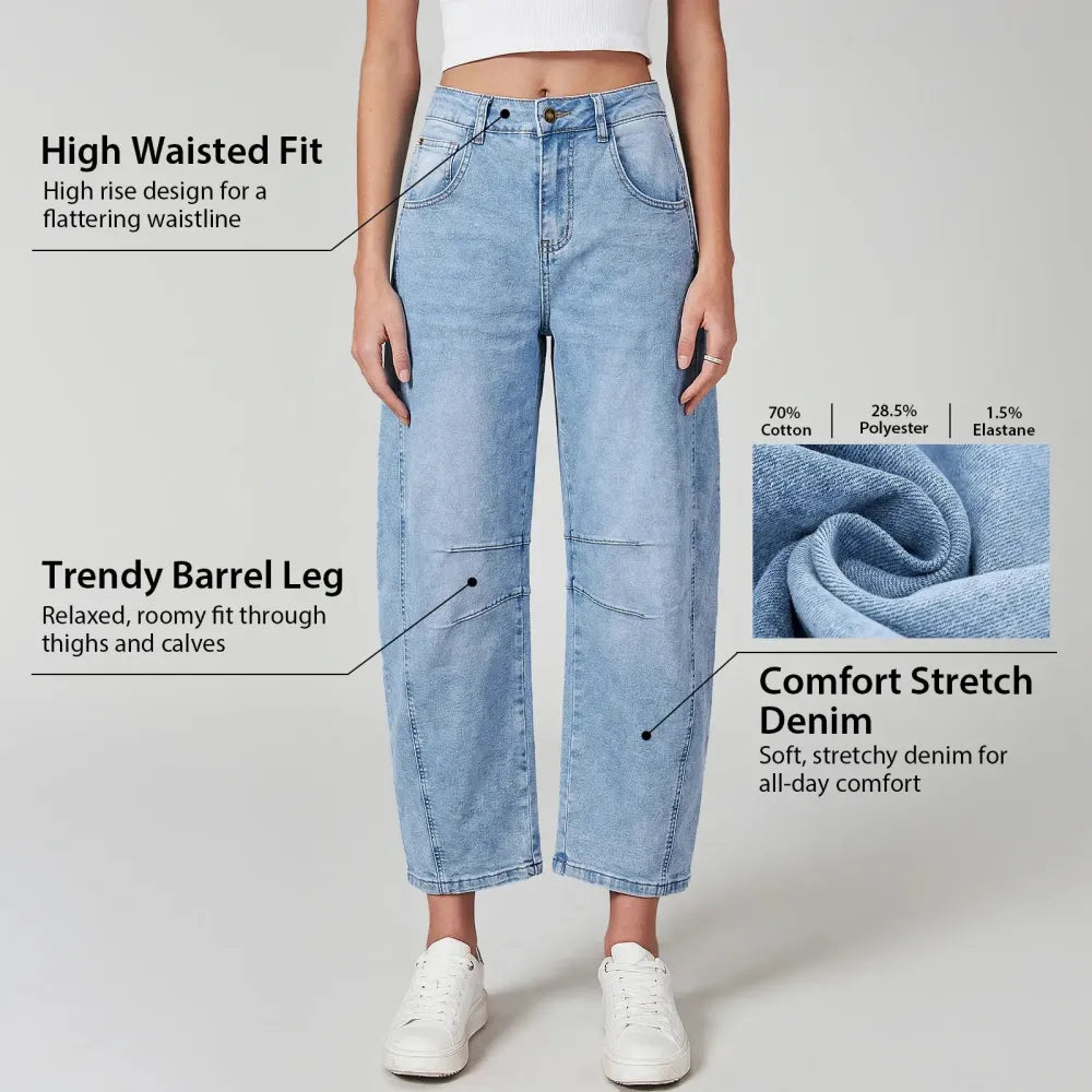 Women Trendy High Waisted Classic Clean Barrel Jeans