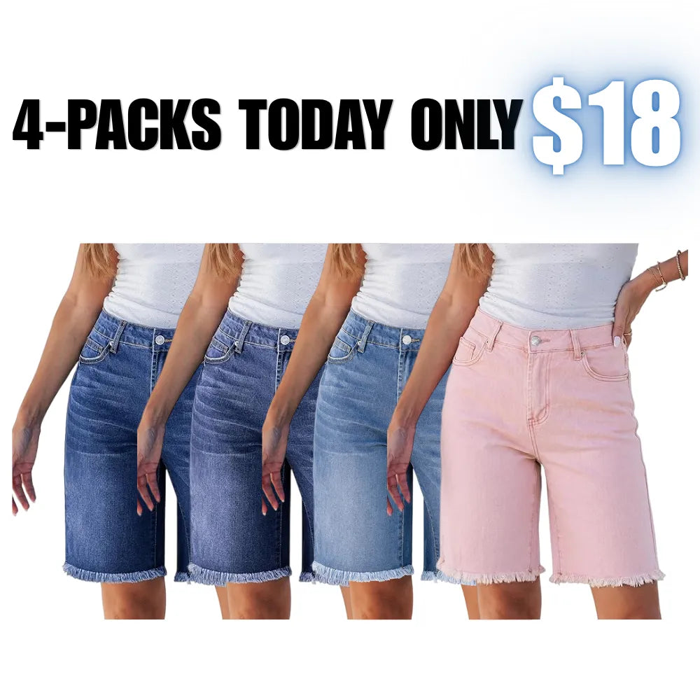 Jean Bermuda Shorts for Women Trendy Mid Rise Raw Hem Knee Length Stretchy Denim Long Shorts