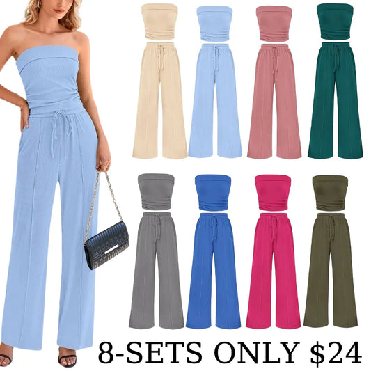 Women's Summer Outfits 2 Piece Sets Casual Ribbed Knit Crop Top & Wide Leg Pants