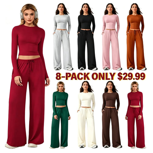 🔥Last day promotion🔥Women's 2-Piece Activewear Set Long-Sleeve Crop Top & Wide-Leg Pants