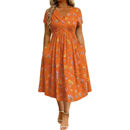 Floral V-neck dress with a twist at the waist—elegant and casual for any occasion