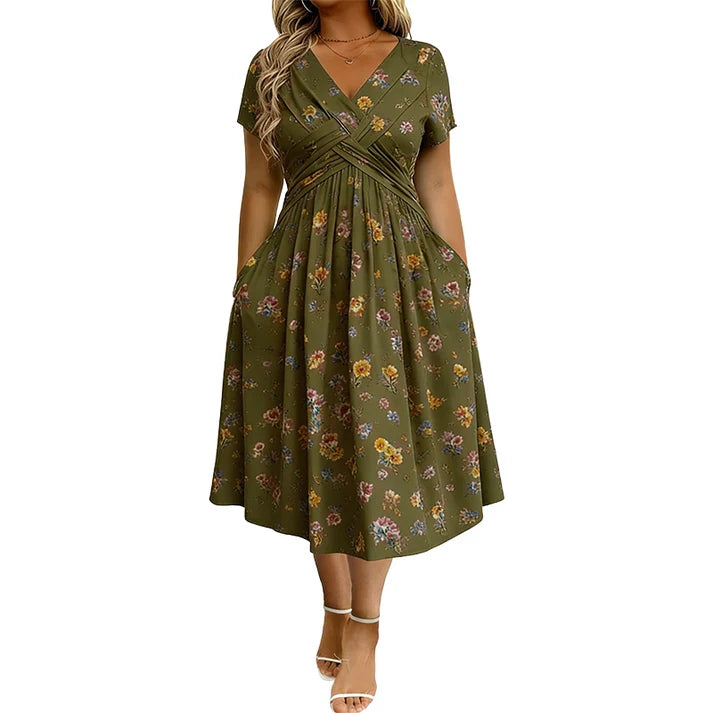 Floral V-neck dress with a twist at the waist—elegant and casual for any occasion