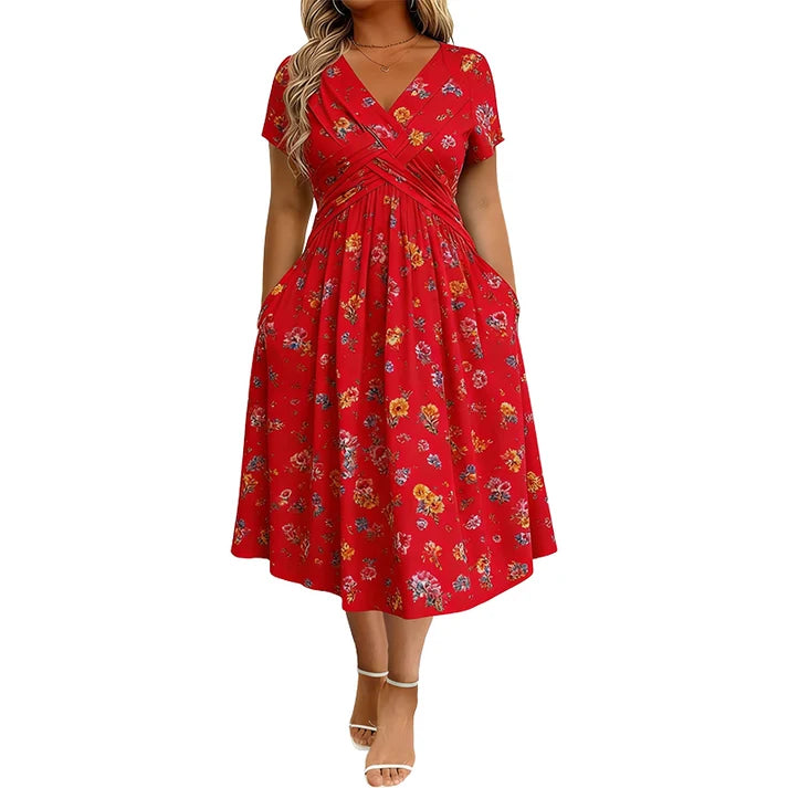 Floral V-neck dress with a twist at the waist—elegant and casual for any occasion
